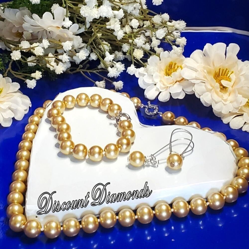 South Sea Gold 10 mm Shell Pearls 4 Pc Necklace, Bracelet, & Earrings 925 Clasps